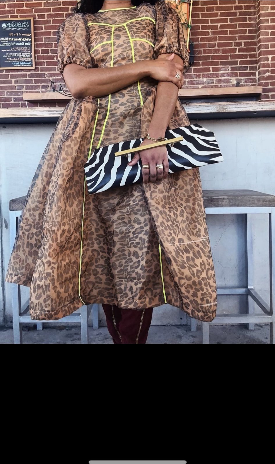 Leopard dress — zebra clutch standing