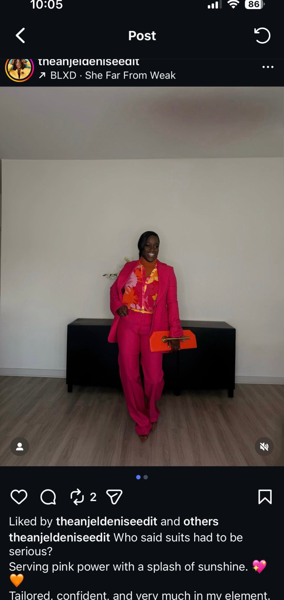 Hot pink suit, orange croc clutch